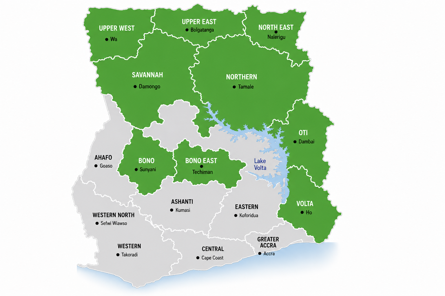 Map of Ghana showing Green for Change Ghana's regions of operation
